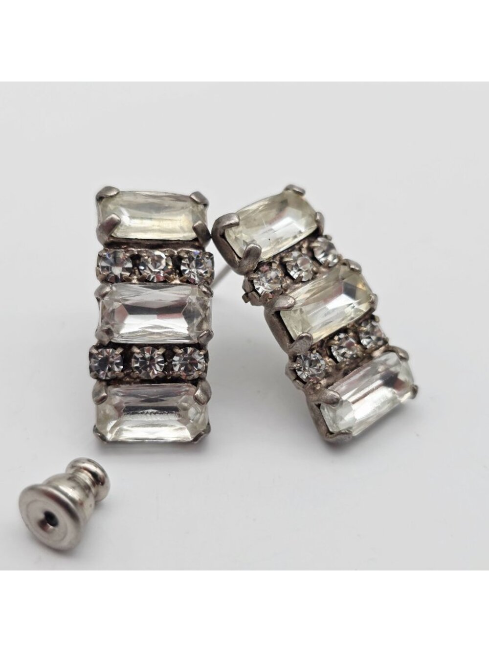 Vintage MCM Rhinestone Silver-Tone Post Earrings With Clear Stones
